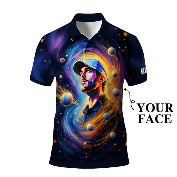 HOMYGIFTS Custom Face Polo Shirt – Surreal Cosmic Art Personalized Golf Polo, Galaxy Universe Print, Unique Gift for Him