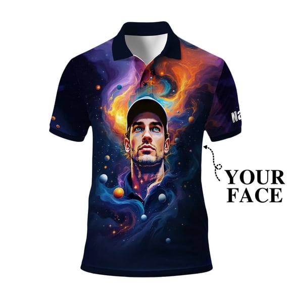 HOMYGIFTS Custom Face Polo Shirt – Surreal Cosmic Art Personalized Golf Polo, Galaxy Universe Print, Unique Gift for Him