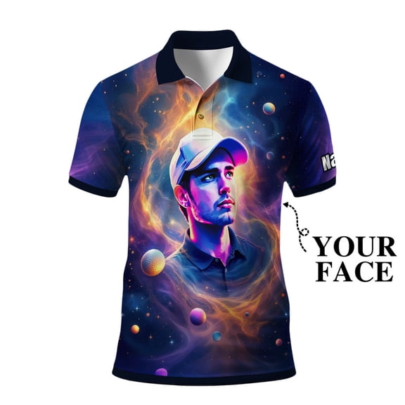 HOMYGIFTS Custom Face Polo Shirt – Surreal Cosmic Art Personalized Golf Polo, Galaxy Universe Print, Unique Gift for Him