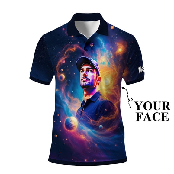 HOMYGIFTS Custom Face Polo Shirt – Surreal Cosmic Art Personalized Golf Polo, Galaxy Universe Print, Unique Gift for Him