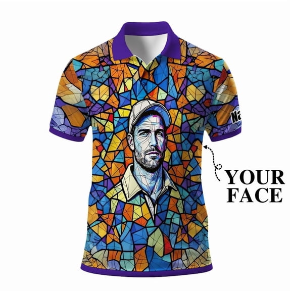 HOMYGIFTS Custom Face Stained Glass Golf Polo Shirt, Personalized Men’s Short Sleeve Sports Polo with Photo, Colorful Artistic Print