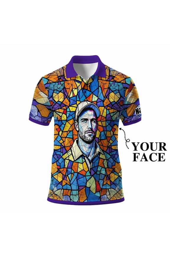 Custom Face Stained Glass Golf Polo Shirt, Personalized Men’s Short Sleeve Sports Polo with Photo, Colorful Artistic Print