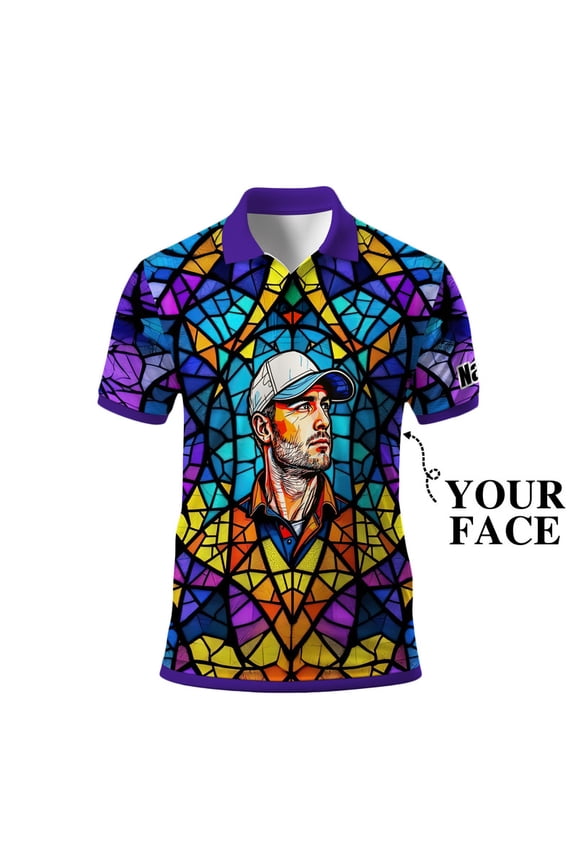 Custom Face Stained Glass Golf Polo Shirt, Personalized Men’s Short Sleeve Sports Polo with Photo, Colorful Artistic Print