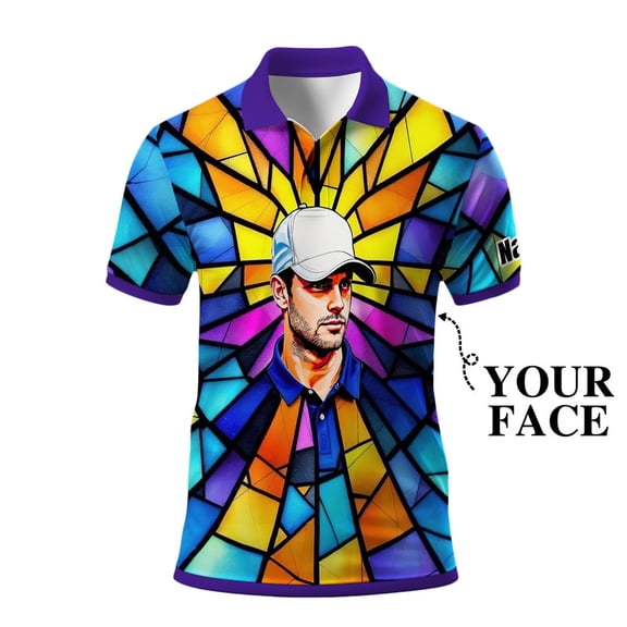 HOMYGIFTS Custom Face Stained Glass Golf Polo Shirt, Personalized Men’s Short Sleeve Sports Polo with Photo, Colorful Artistic Print