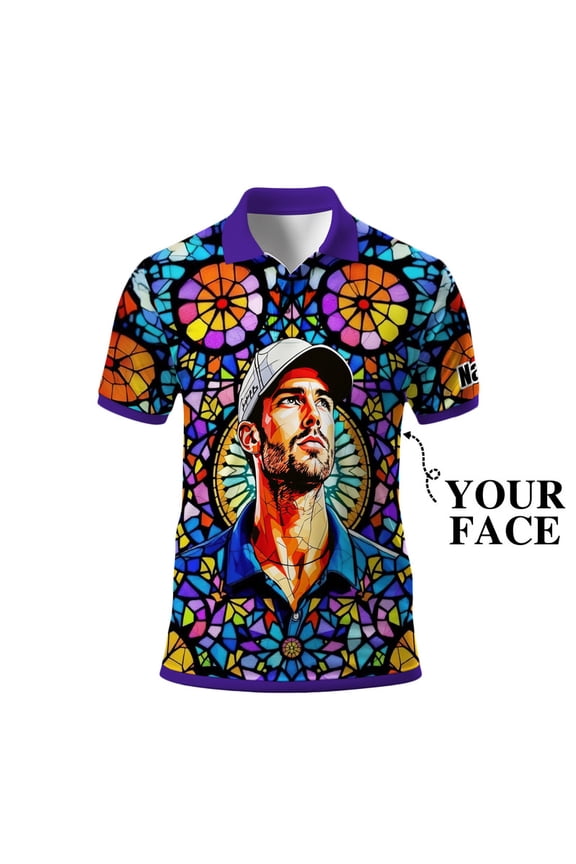 Custom Face Stained Glass Golf Polo Shirt, Personalized Men’s Short Sleeve Sports Polo with Photo, Colorful Artistic Print