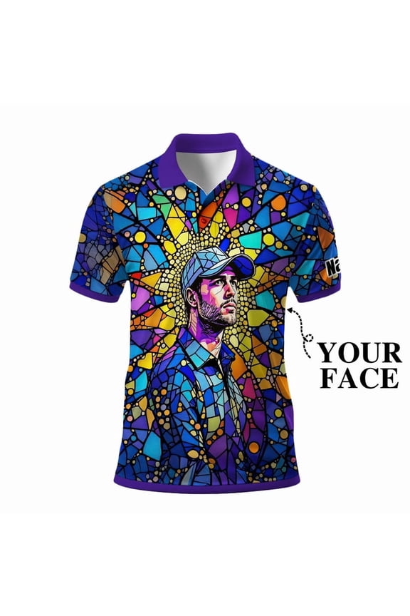 Custom Face Stained Glass Golf Polo Shirt, Personalized Men’s Short Sleeve Sports Polo with Photo, Colorful Artistic Print
