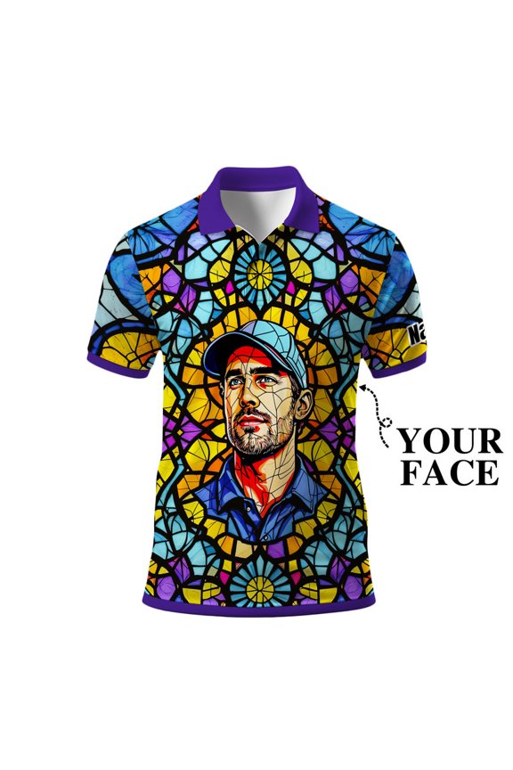 Custom Face Stained Glass Golf Polo Shirt, Personalized Men’s Short Sleeve Sports Polo with Photo, Colorful Artistic Print