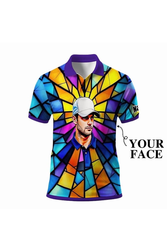 Custom Face Stained Glass Golf Polo Shirt, Personalized Men’s Short Sleeve Sports Polo with Photo, Colorful Artistic Print