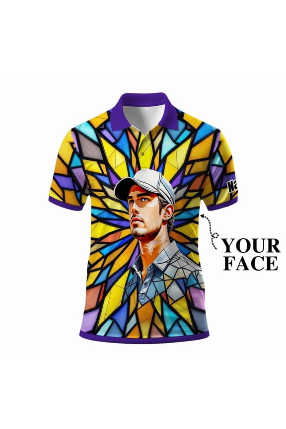 Custom Face Stained Glass Golf Polo Shirt, Personalized Men’s Short Sleeve Sports Polo with Photo, Colorful Artistic Print