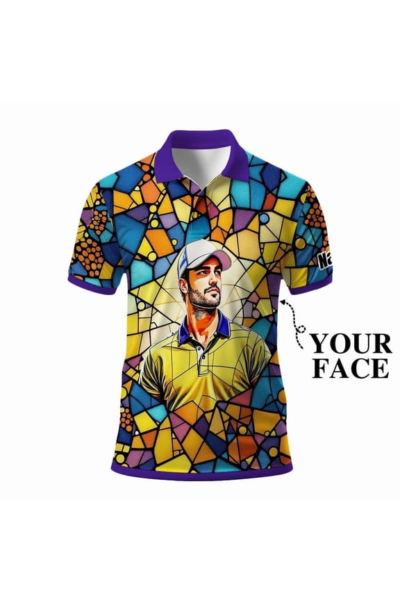 Custom Face Stained Glass Golf Polo Shirt, Personalized Men’s Short Sleeve Sports Polo with Photo, Colorful Artistic Print