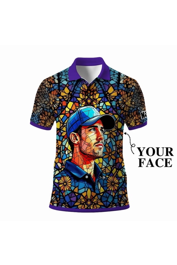Custom Face Stained Glass Golf Polo Shirt, Personalized Men’s Short Sleeve Sports Polo with Photo, Colorful Artistic Print