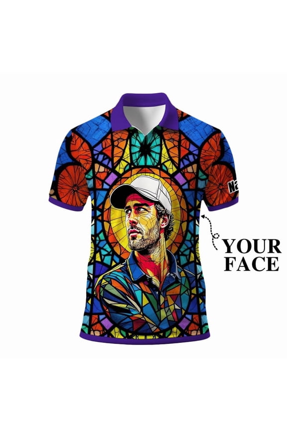 Custom Face Stained Glass Golf Polo Shirt, Personalized Men’s Short Sleeve Sports Polo with Photo, Colorful Artistic Print