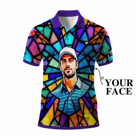 HOMYGIFTS Custom Face Stained Glass Golf Polo Shirt, Personalized Men’s Short Sleeve Sports Polo with Photo, Colorful Artistic Print
