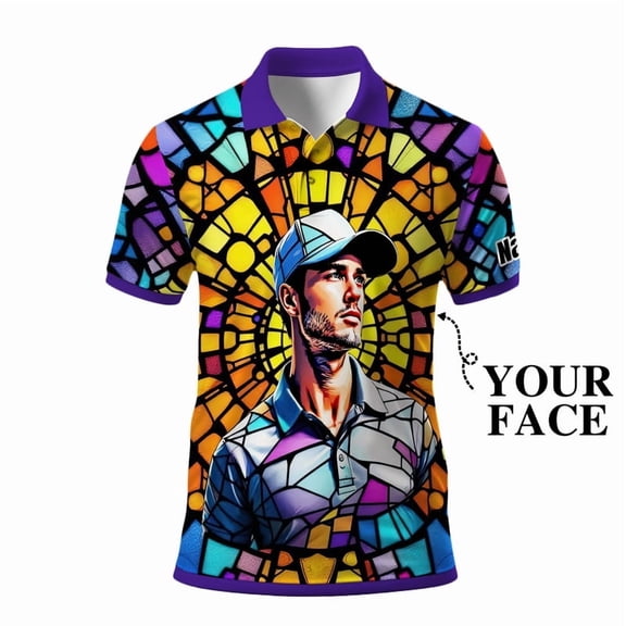 HOMYGIFTS Custom Face Stained Glass Golf Polo Shirt, Personalized Men’s Short Sleeve Sports Polo with Photo, Colorful Artistic Print
