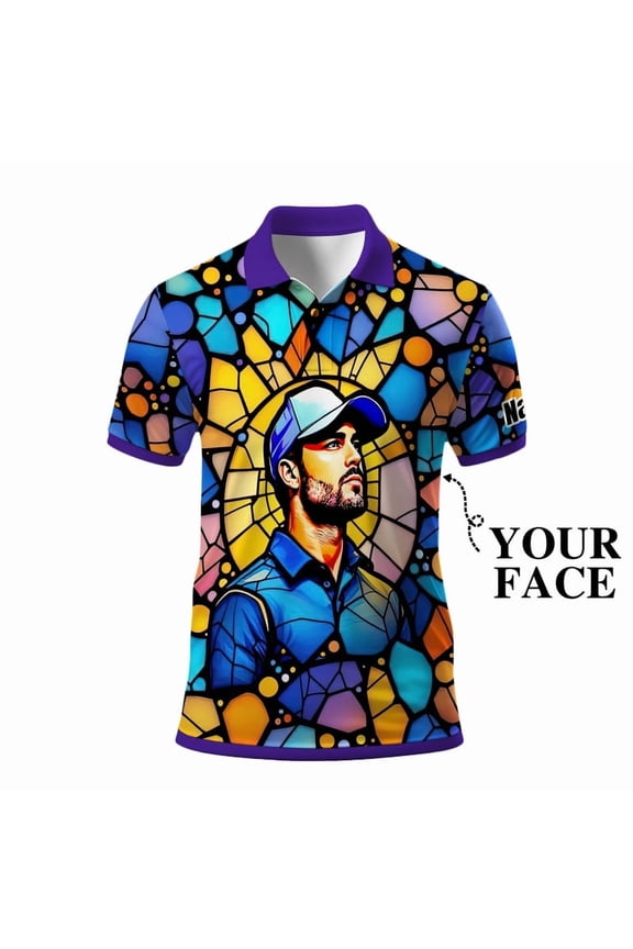 Custom Face Stained Glass Golf Polo Shirt, Personalized Men’s Short Sleeve Sports Polo with Photo, Colorful Artistic Print