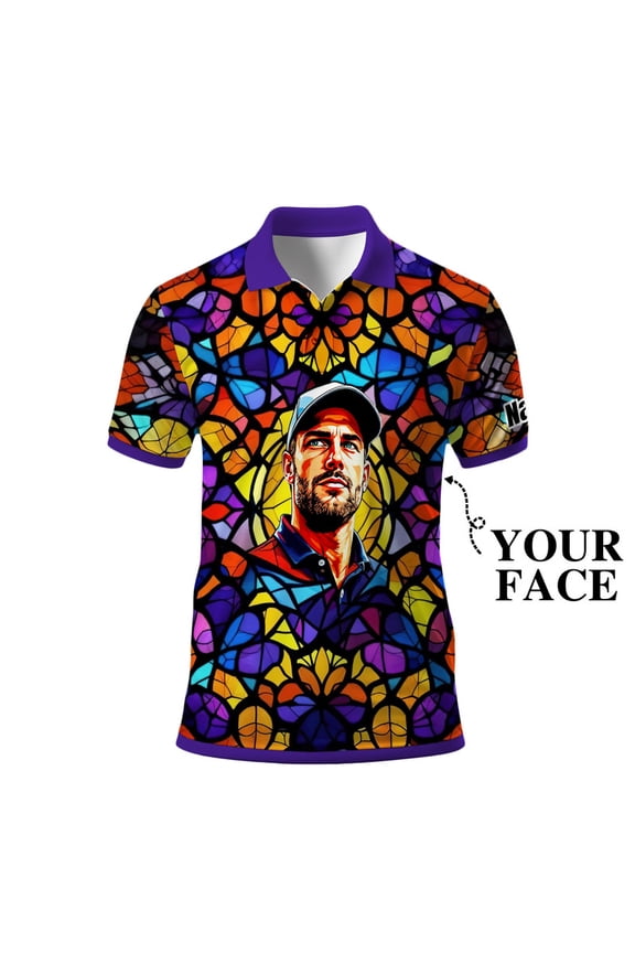 Custom Face Stained Glass Golf Polo Shirt, Personalized Men’s Short Sleeve Sports Polo with Photo, Colorful Artistic Print