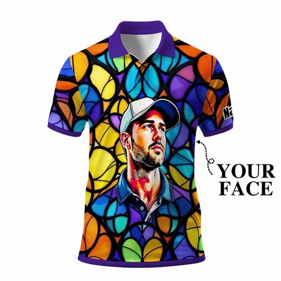 HOMYGIFTS Custom Face Stained Glass Golf Polo Shirt, Personalized Men’s Short Sleeve Sports Polo with Photo, Colorful Artistic Print