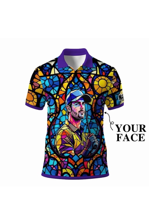 Custom Face Stained Glass Golf Polo Shirt, Personalized Men’s Short Sleeve Sports Polo with Photo, Colorful Artistic Print