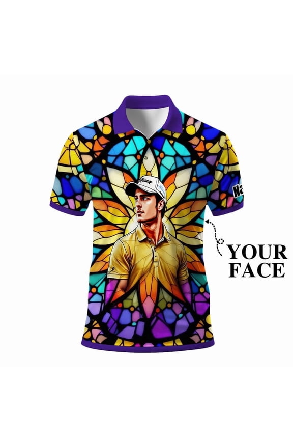 Custom Face Stained Glass Golf Polo Shirt, Personalized Men’s Short Sleeve Sports Polo with Photo, Colorful Artistic Print