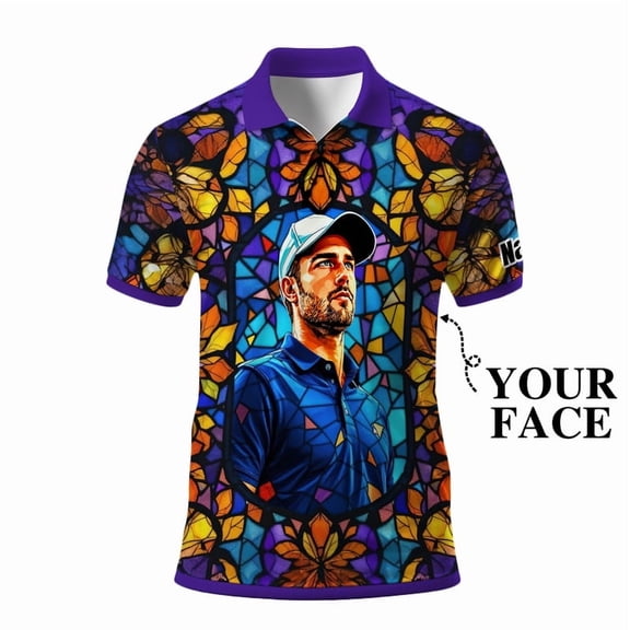 HOMYGIFTS Custom Face Stained Glass Golf Polo Shirt, Personalized Men’s Short Sleeve Sports Polo with Photo, Colorful Artistic Print
