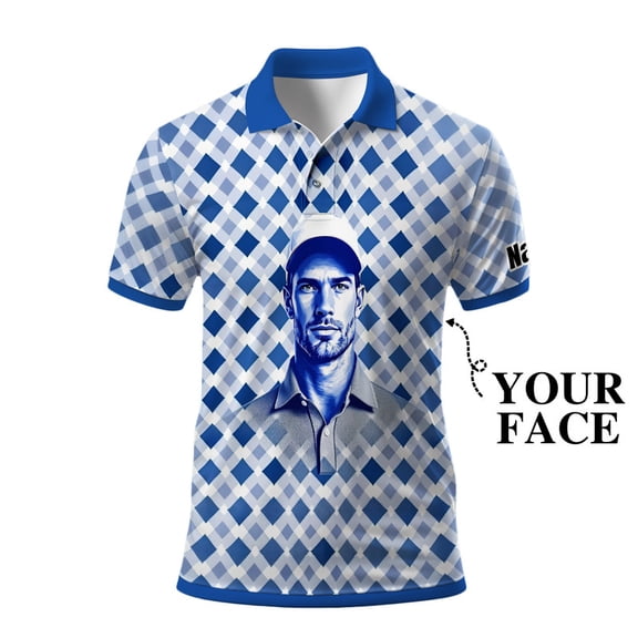 HOMYGIFTS Custom Golf Polo Shirt – Geometric Diamond Pattern with Personalized Face Print – Unique Men’s Golf Apparel