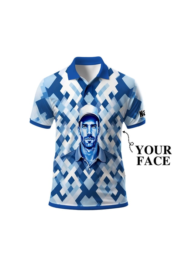 Custom Golf Polo Shirt – Geometric Diamond Pattern with Personalized Face Print – Unique Men’s Golf Apparel