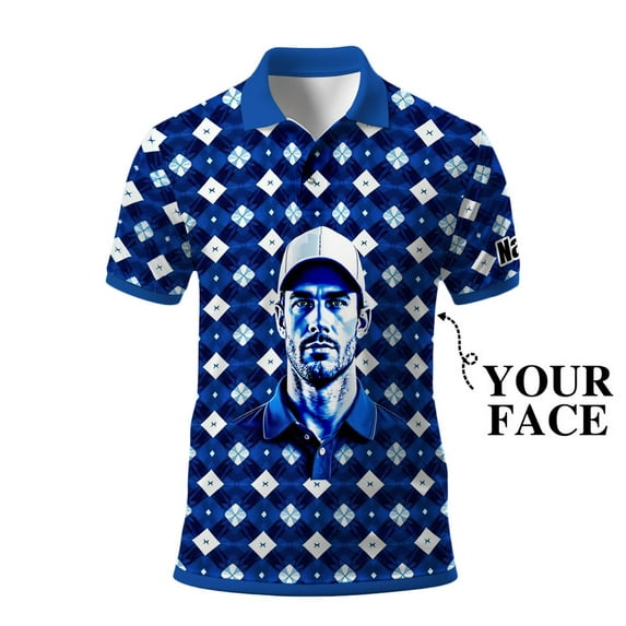 HOMYGIFTS Custom Golf Polo Shirt – Geometric Diamond Pattern with Personalized Face Print – Unique Men’s Golf Apparel