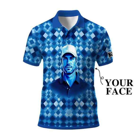 HOMYGIFTS Custom Golf Polo Shirt – Geometric Diamond Pattern with Personalized Face Print – Unique Men’s Golf Apparel