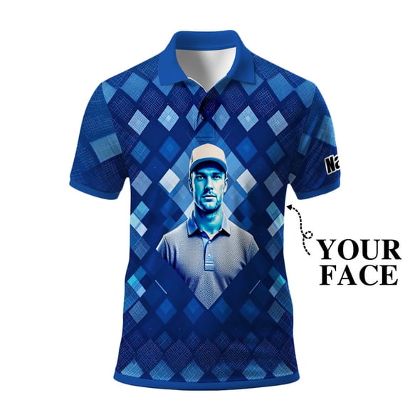 HOMYGIFTS Custom Golf Polo Shirt – Geometric Diamond Pattern with Personalized Face Print – Unique Men’s Golf Apparel