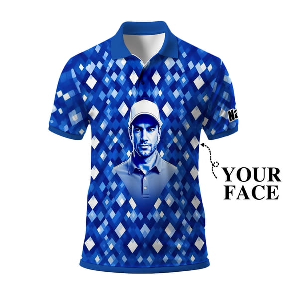 HOMYGIFTS Custom Golf Polo Shirt – Geometric Diamond Pattern with Personalized Face Print – Unique Men’s Golf Apparel