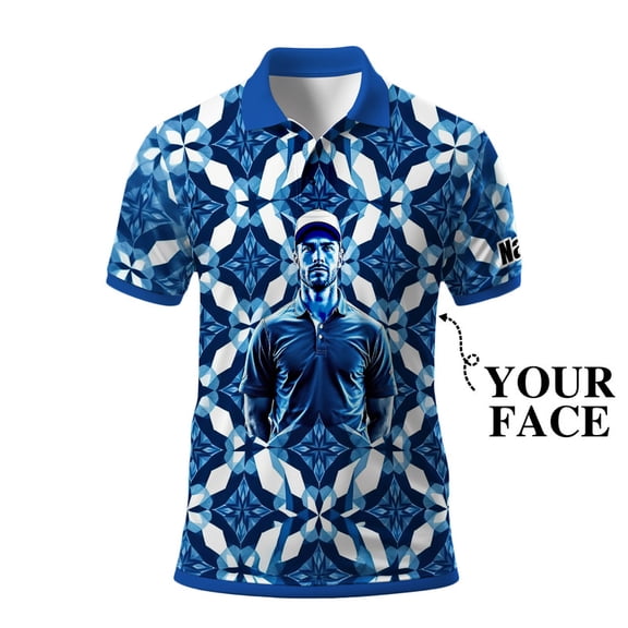 HOMYGIFTS Custom Golf Polo Shirt – Geometric Diamond Pattern with Personalized Face Print – Unique Men’s Golf Apparel