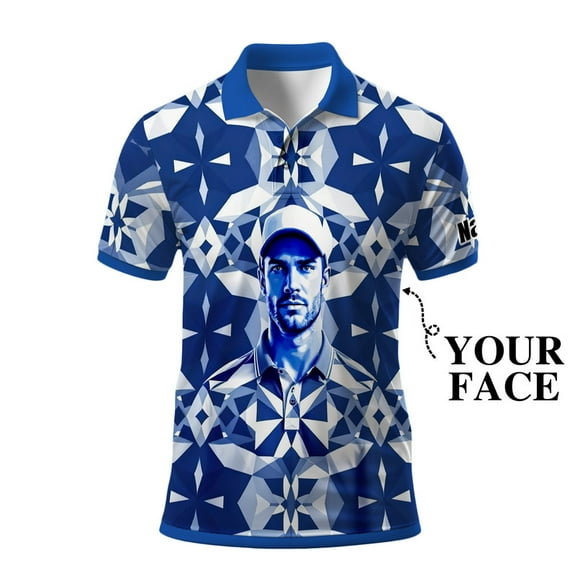 HOMYGIFTS Custom Golf Polo Shirt – Geometric Diamond Pattern with Personalized Face Print – Unique Men’s Golf Apparel