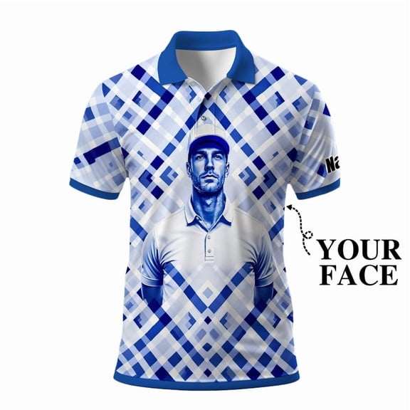 HOMYGIFTS Custom Golf Polo Shirt – Geometric Diamond Pattern with Personalized Face Print – Unique Men’s Golf Apparel