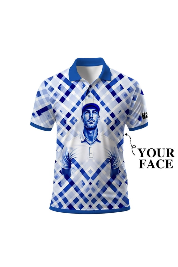 Custom Golf Polo Shirt – Geometric Diamond Pattern with Personalized Face Print – Unique Men’s Golf Apparel