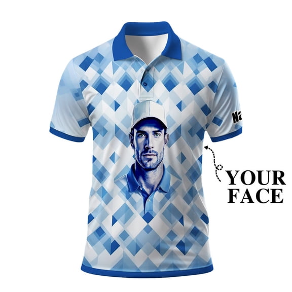 HOMYGIFTS Custom Golf Polo Shirt – Geometric Diamond Pattern with Personalized Face Print – Unique Men’s Golf Apparel