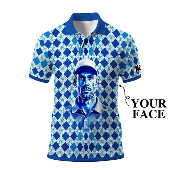 HOMYGIFTS Custom Golf Polo Shirt – Geometric Diamond Pattern with Personalized Face Print – Unique Men’s Golf Apparel