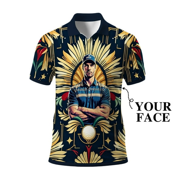 HOMYGIFTS Men’s Art Deco Golf Polo – Sunburst & Metallic Accents