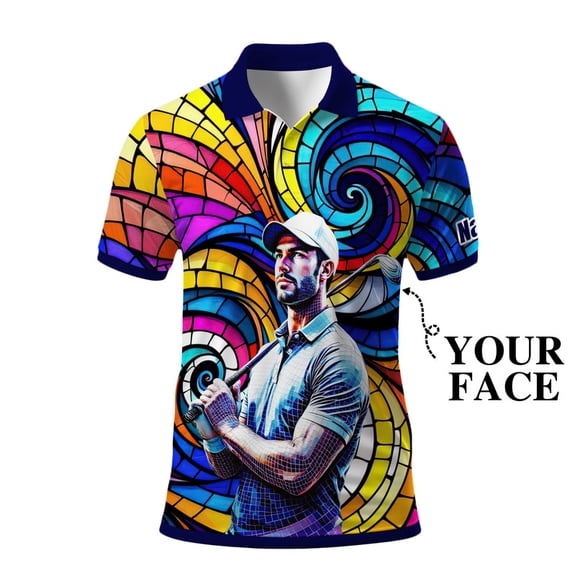 HOMYGIFTS Men’s Artistic Golf Polo Shirt – Mosaic Star Golfer with Wavy Geometric Gradient, Copper 3D, Sparkling, Swirling Ellipse, Galaxy Curves, Metallic Mesh Trim & Silver Flecks