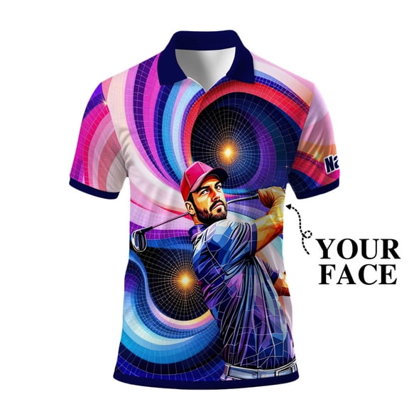HOMYGIFTS Men’s Artistic Golf Polo Shirt – Mosaic Star Golfer with Wavy Geometric Gradient, Copper 3D, Sparkling, Swirling Ellipse, Galaxy Curves, Metallic Mesh Trim & Silver Flecks