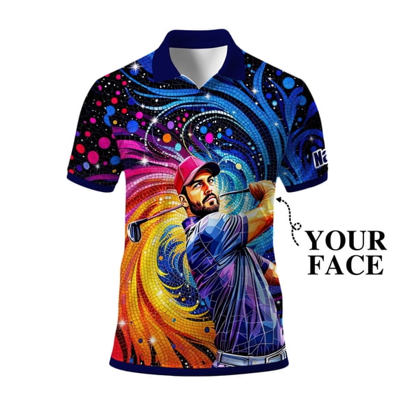 HOMYGIFTS Men’s Artistic Golf Polo Shirt – Mosaic Star Golfer with Wavy Geometric Gradient, Copper 3D, Sparkling, Swirling Ellipse, Galaxy Curves, Metallic Mesh Trim & Silver Flecks