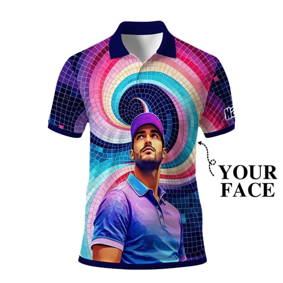 HOMYGIFTS Men’s Artistic Golf Polo Shirt – Mosaic Star Golfer with Wavy Geometric Gradient, Copper 3D, Sparkling, Swirling Ellipse, Galaxy Curves, Metallic Mesh Trim & Silver Flecks