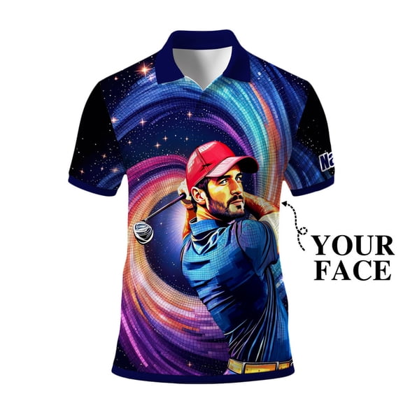 HOMYGIFTS Men’s Artistic Golf Polo Shirt – Mosaic Star Golfer with Wavy Geometric Gradient, Copper 3D, Sparkling, Swirling Ellipse, Galaxy Curves, Metallic Mesh Trim & Silver Flecks