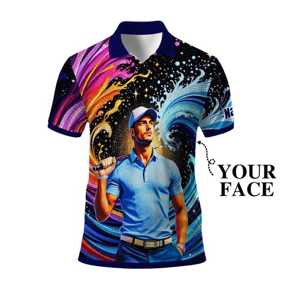 HOMYGIFTS Men’s Artistic Golf Polo Shirt – Mosaic Star Golfer with Wavy Geometric Gradient, Copper 3D, Sparkling, Swirling Ellipse, Galaxy Curves, Metallic Mesh Trim & Silver Flecks