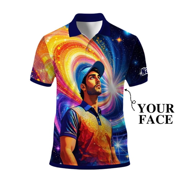HOMYGIFTS Men’s Artistic Golf Polo Shirt – Mosaic Star Golfer with Wavy Geometric Gradient, Copper 3D, Sparkling, Swirling Ellipse, Galaxy Curves, Metallic Mesh Trim & Silver Flecks