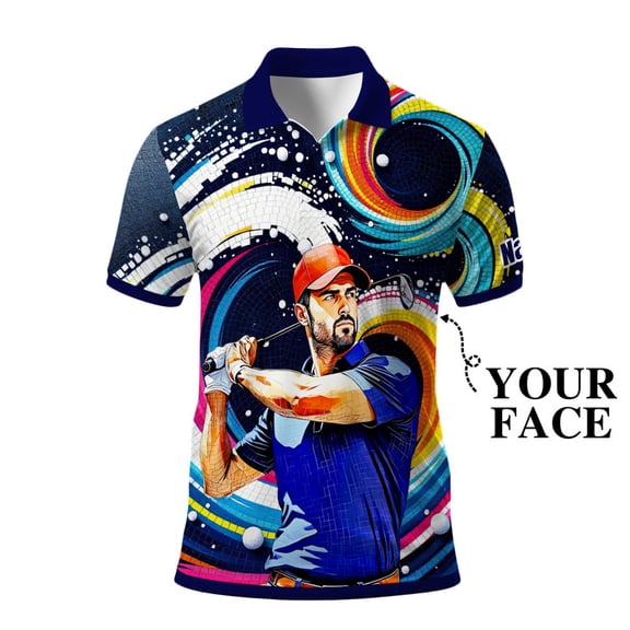 HOMYGIFTS Men’s Artistic Golf Polo Shirt – Mosaic Star Golfer with Wavy Geometric Gradient, Copper 3D, Sparkling, Swirling Ellipse, Galaxy Curves, Metallic Mesh Trim & Silver Flecks