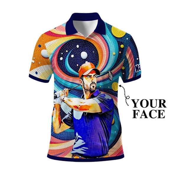 HOMYGIFTS Men’s Artistic Golf Polo Shirt – Mosaic Star Golfer with Wavy Geometric Gradient, Copper 3D, Sparkling, Swirling Ellipse, Galaxy Curves, Metallic Mesh Trim & Silver Flecks
