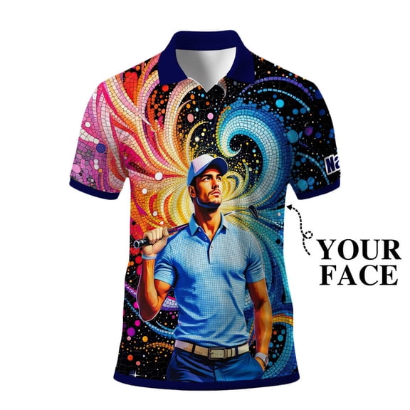 HOMYGIFTS Men’s Artistic Golf Polo Shirt – Mosaic Star Golfer with Wavy Geometric Gradient, Copper 3D, Sparkling, Swirling Ellipse, Galaxy Curves, Metallic Mesh Trim & Silver Flecks