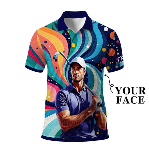 HOMYGIFTS Men’s Artistic Golf Polo Shirt – Mosaic Star Golfer with Wavy Geometric Gradient, Copper 3D, Sparkling, Swirling Ellipse, Galaxy Curves, Metallic Mesh Trim & Silver Flecks