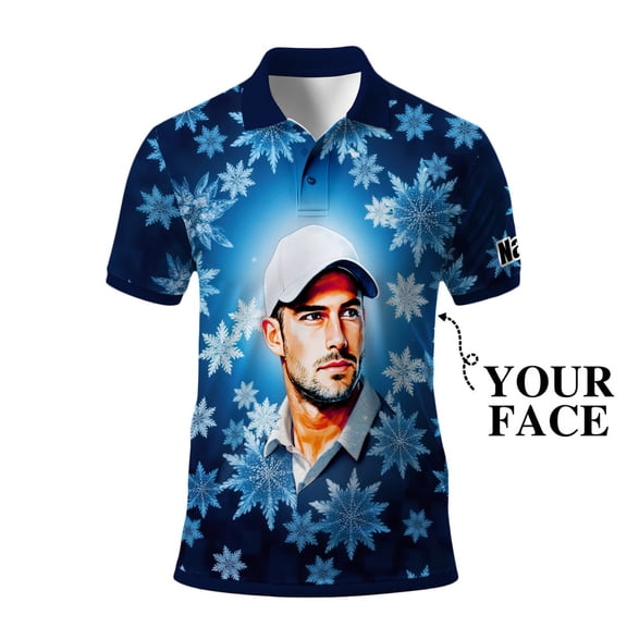 HOMYGIFTS Men’s Custom Face Golf Polo Shirt – Personalized Christmas Snowflakes Polo Shirt