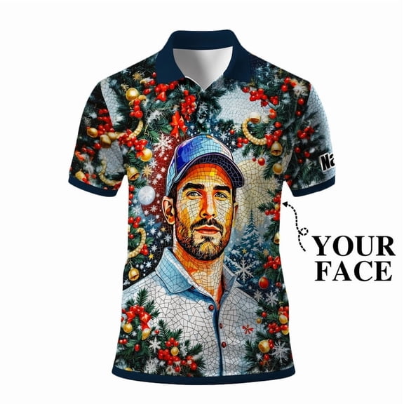 HOMYGIFTS Men’s Custom Face Golf Polo Shirt – Personalized Christmas Theme Polo Shirt